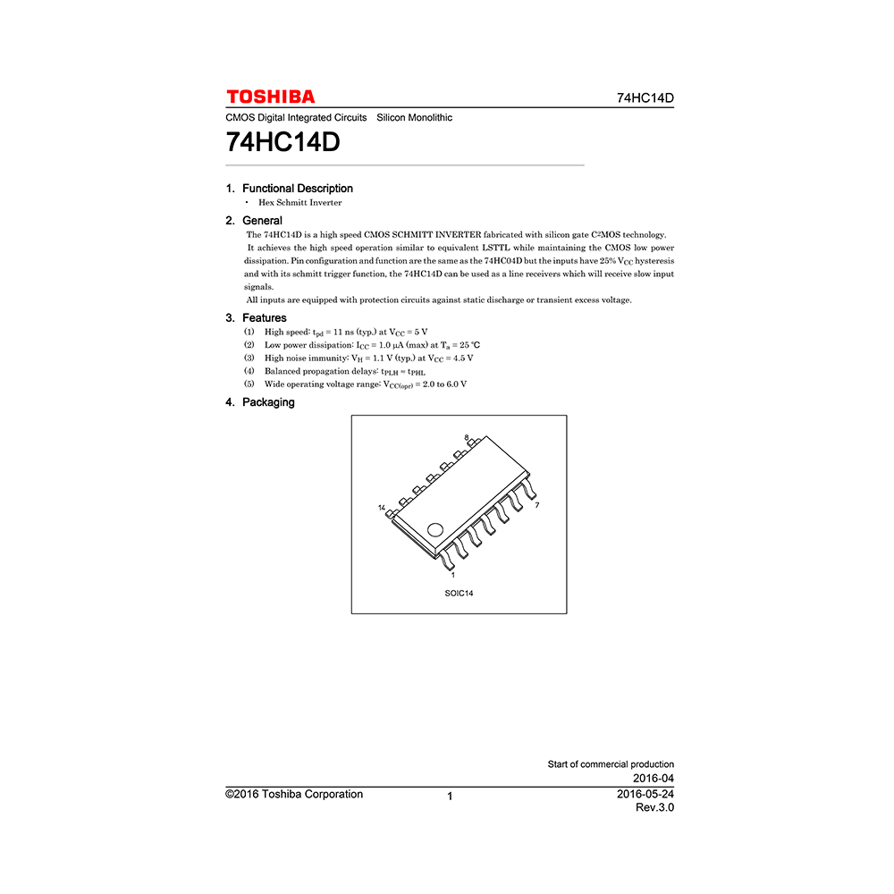 74HC14D Toshiba Hex Schmitt Inverter Data Sheet