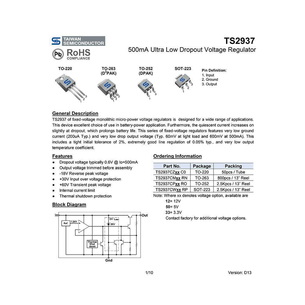 TS2937 Taiwan Semiconductor 500mA Ultra Low Dropout Voltage Regulator Data Sheet