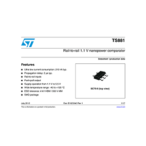 TS881 ST Rail-to-rail 1.1 V Nanopower Comparator Data Sheet