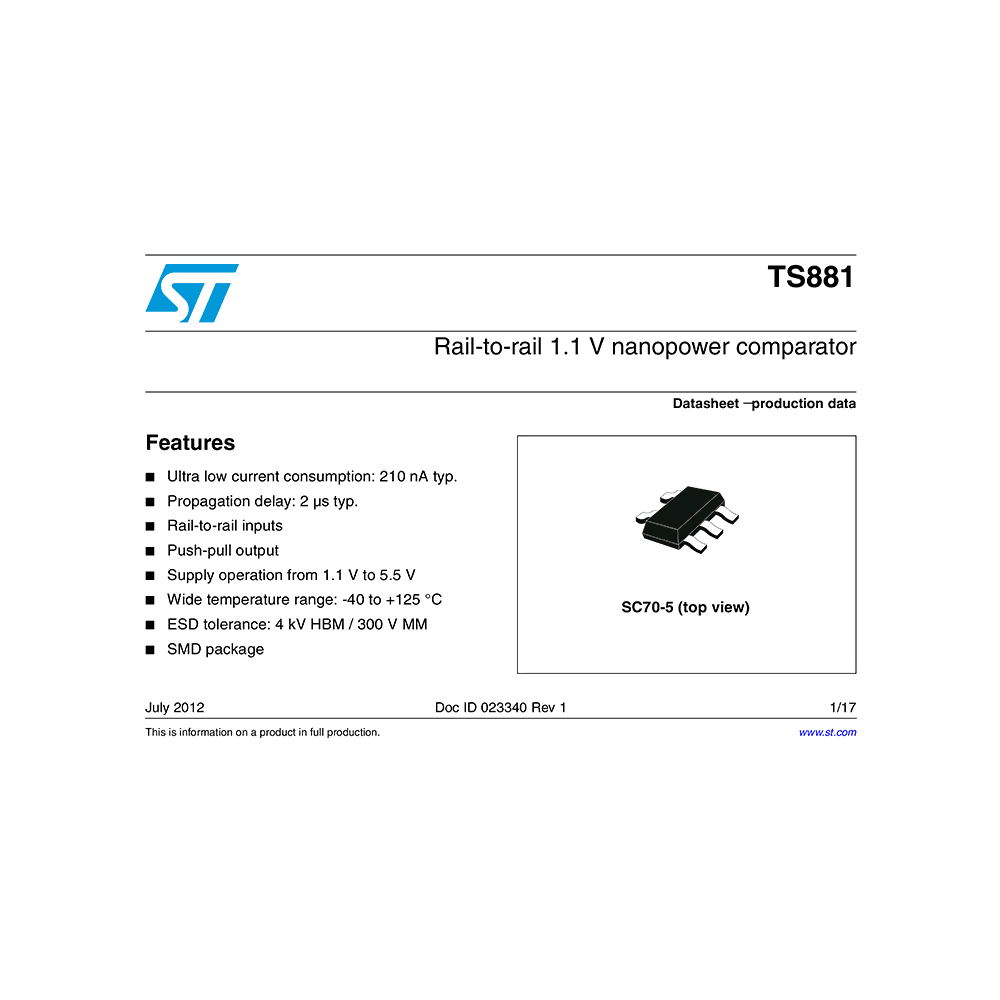 TS881 ST Rail-to-rail 1.1 V Nanopower Comparator Data Sheet