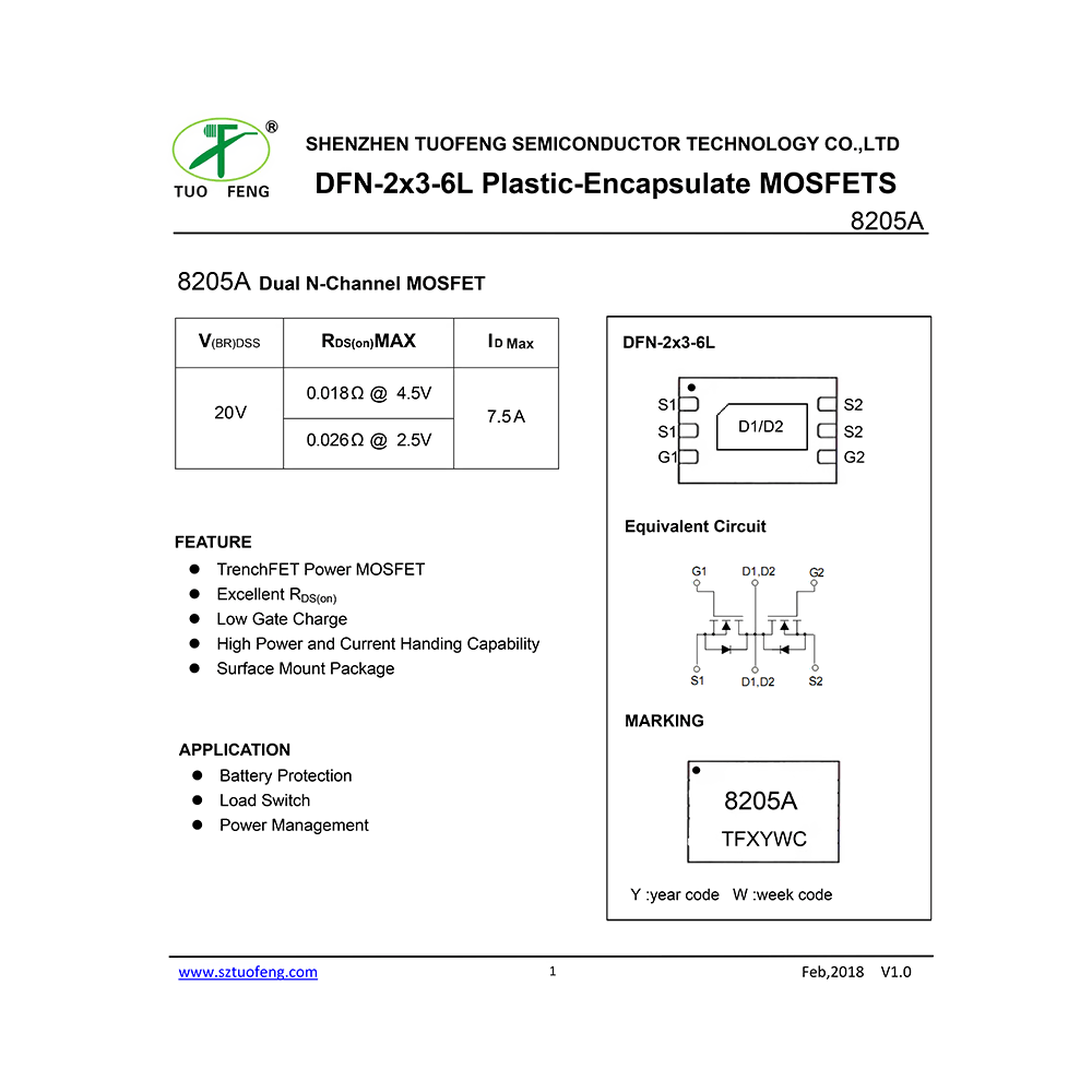 8205A Tuofeng Dual N-Channel MOSFET Data Sheet