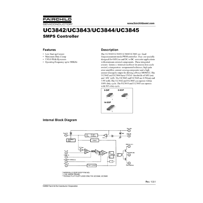 UC3842 Fairchild SMPS Controller Data Sheet