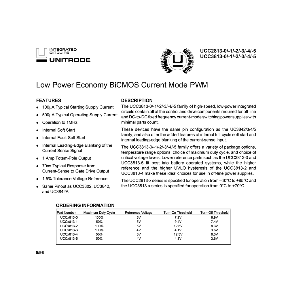 UCC2813-1 Unitrode Low Power BiCMOS Current Mode PWM Data Sheet