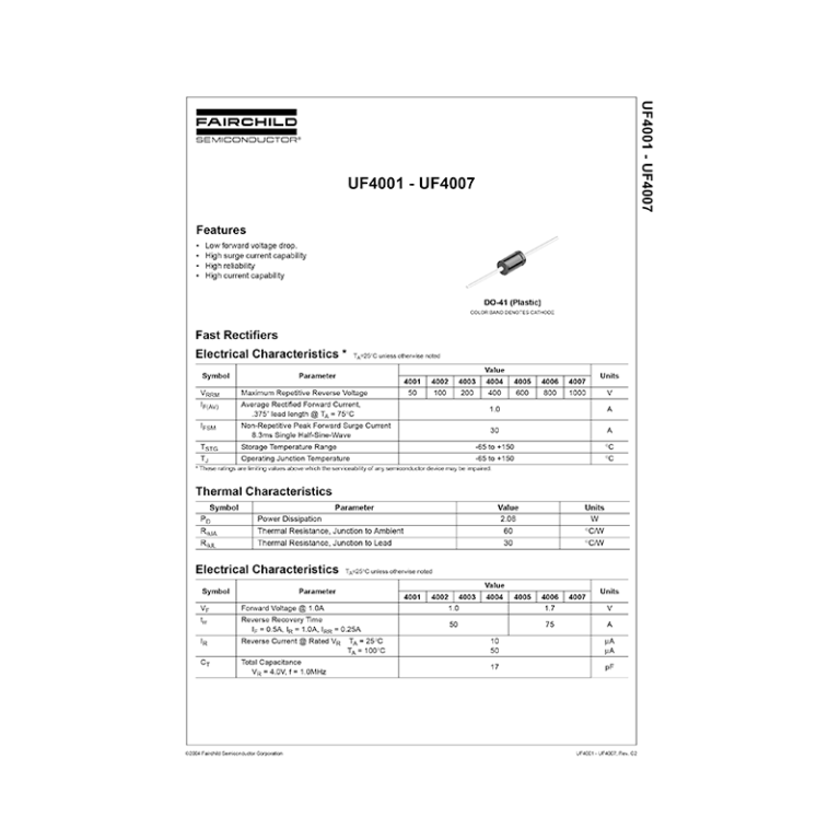 UF4007 Fairchild 1000V 1A Fast Rectifier Diode Datasheet