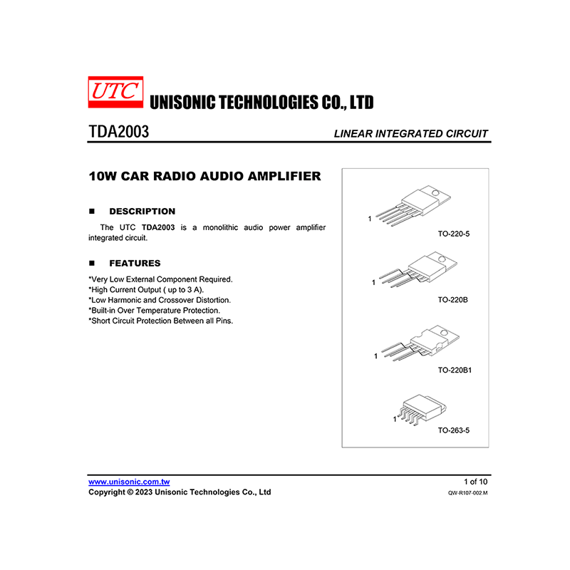 TDA2003 UTC 10W Car Radio Audio Amplifier Data Sheet