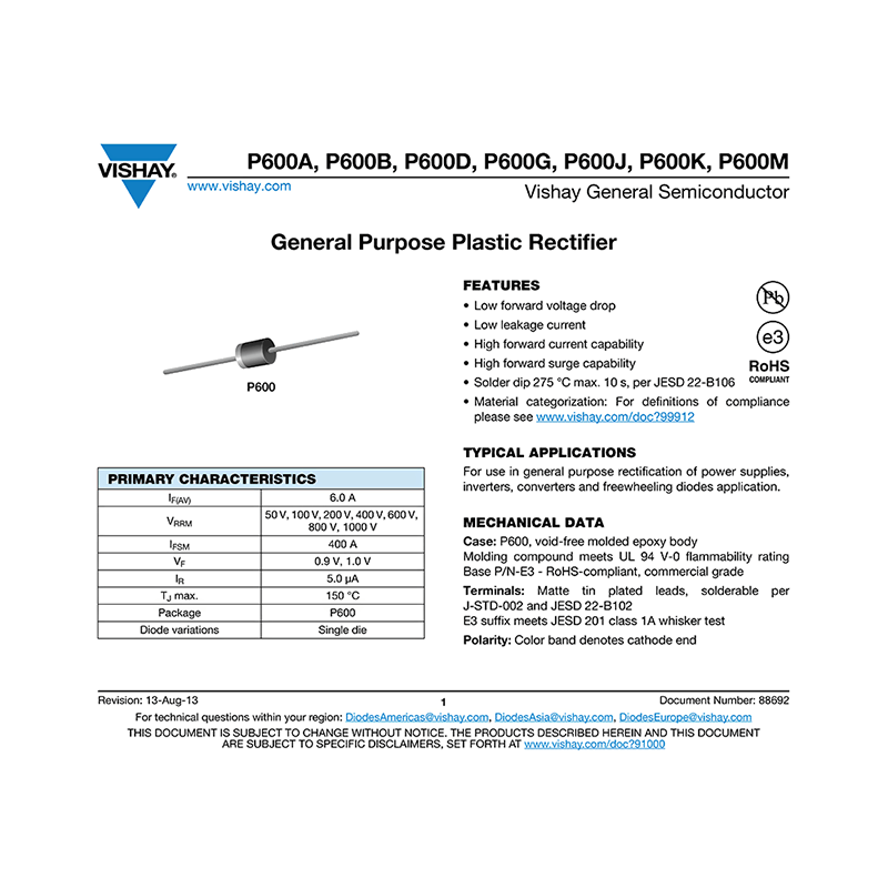 P600A Vishay 6A 50V Rectifier Data Sheet