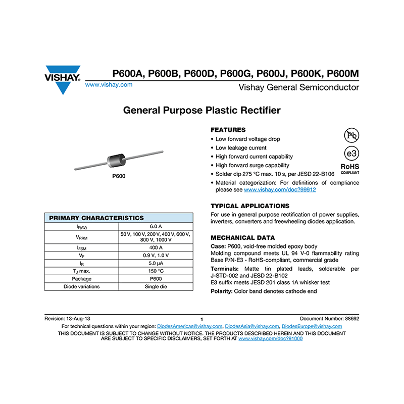 P600B Vishay 6A 100V Rectifier Data Sheet
