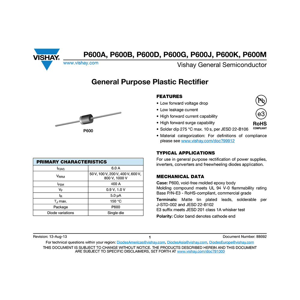 P600K Vishay 6A 800V Rectifier Data Sheet
