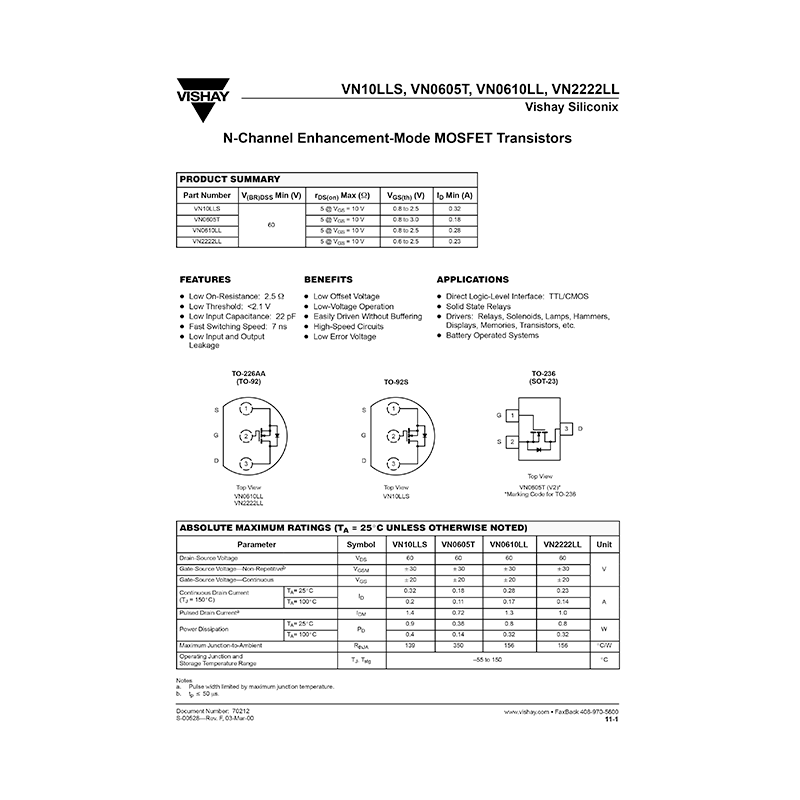 VN2222LL Vishay Siliconix N-Channel MOSFET Transistor Data Sheet
