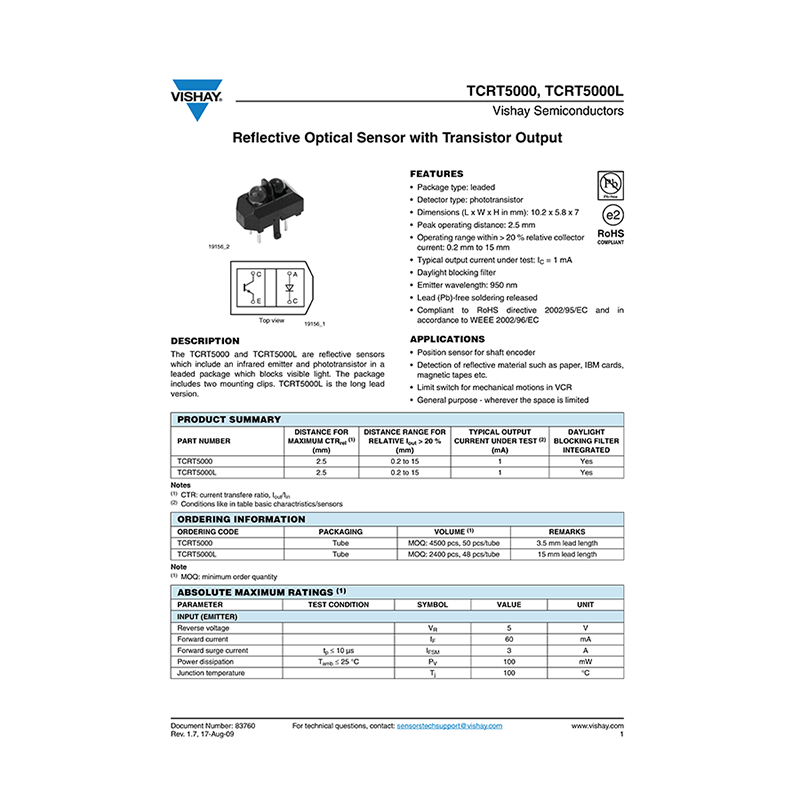 TCRT5000 Vishay Reflective Optical Sensor Data Sheet