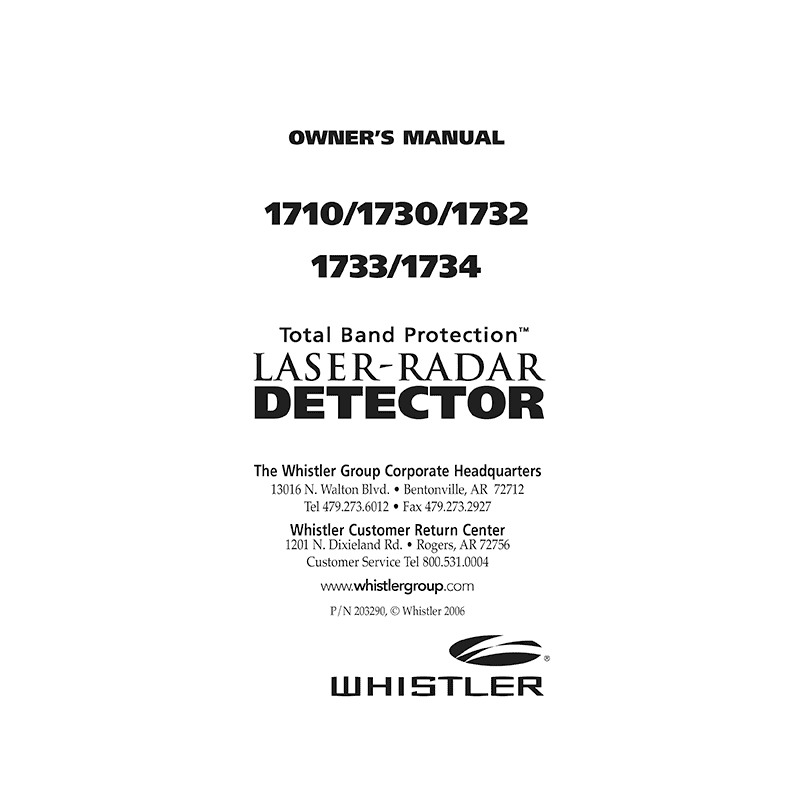 Whistler 1734 Laser-Radar Detector Owner's Manual