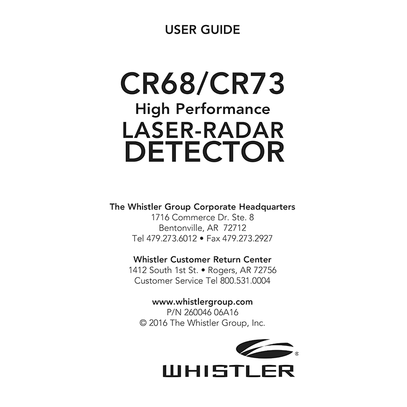 Whistler CR68 Laser-Radar Detector User Guide
