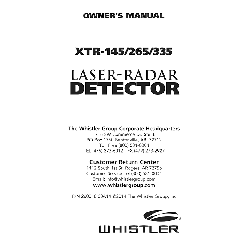 Whistler XTR-265 Laser-Radar Detector Owner's Manual