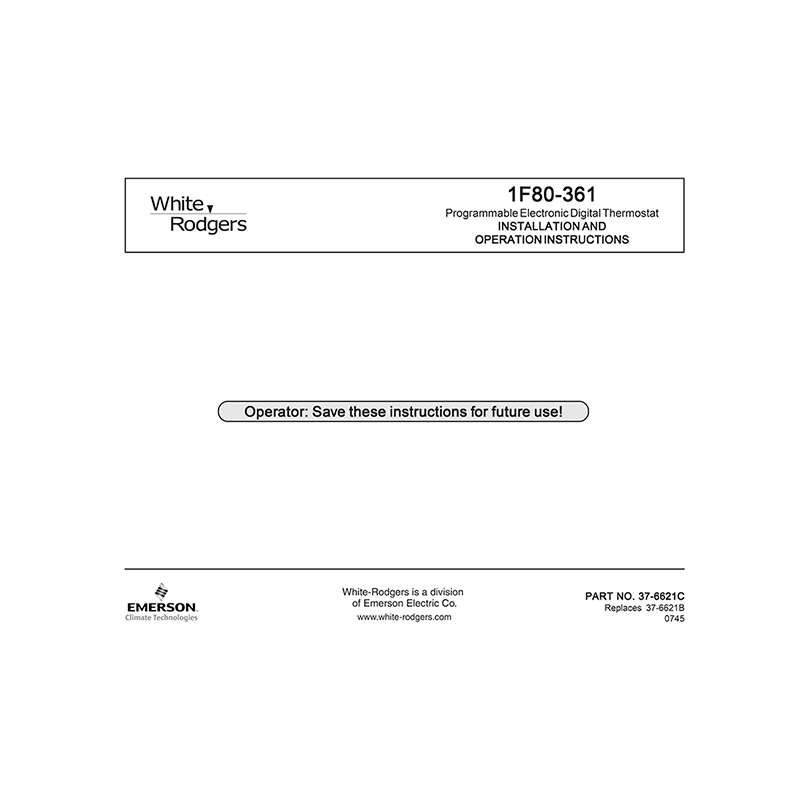 White-Rodgers 1F80-361 Programmable Thermostat Installation and Operation Instructions